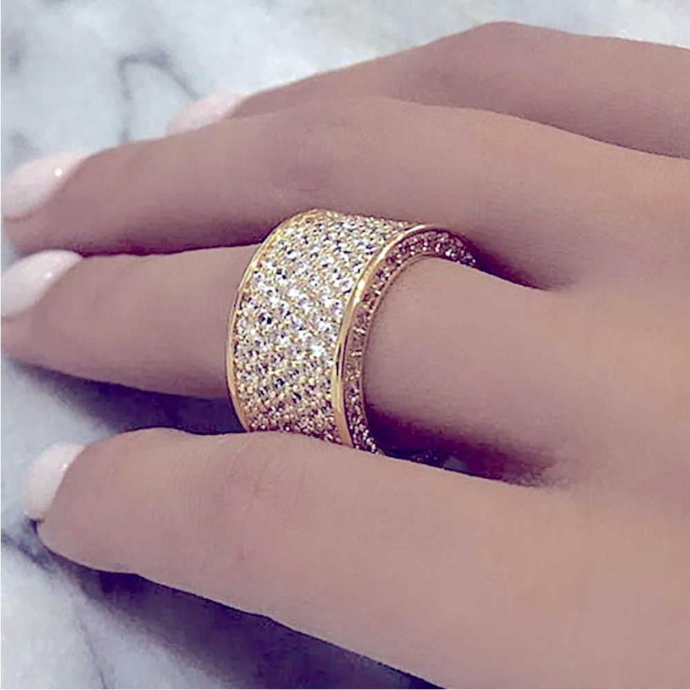Gorgeous 14k Yellow Gold Over Silver White Sapphire Wide Band Ring